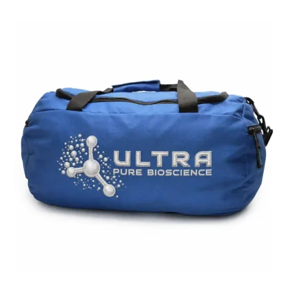 Ultra Pure Bioscience blue duffel bag, UPB blue branded bag