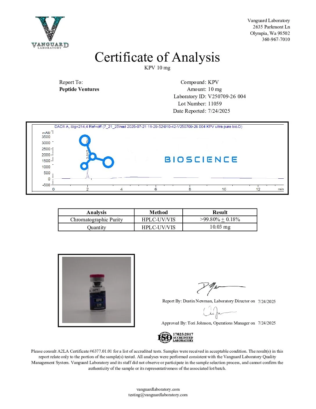 UPB KPV 10MG peptide vial, KPV 10mg Lys-Pro-Val by Ultra Pure Bioscience