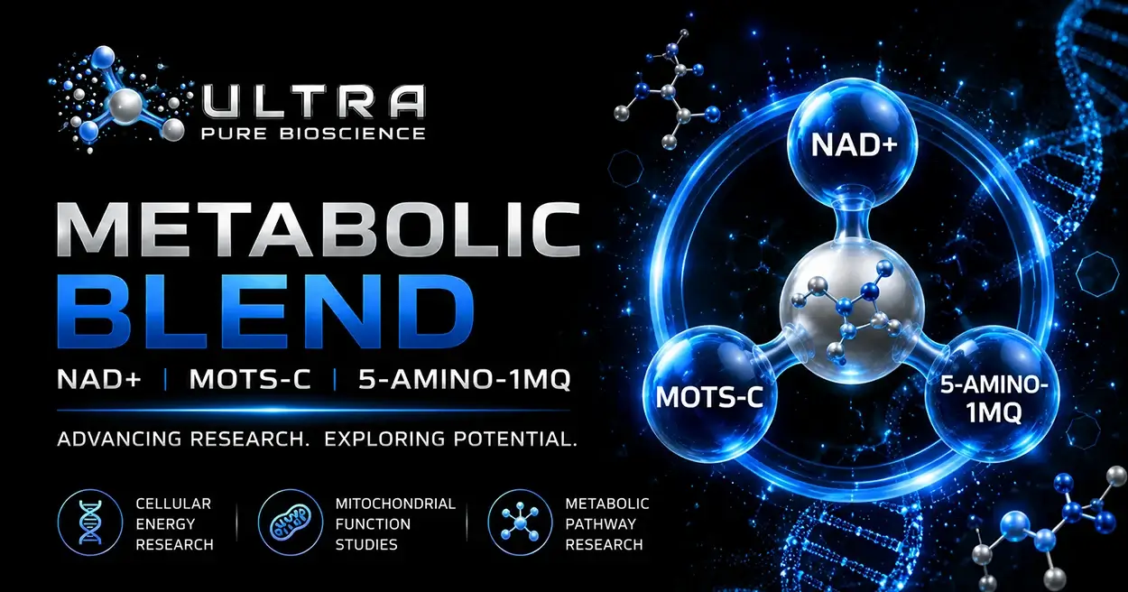 Metabolic blend research vial, NAD+ MOTS-C 5-Amino-1MQ research by Ultra Pure Bioscience